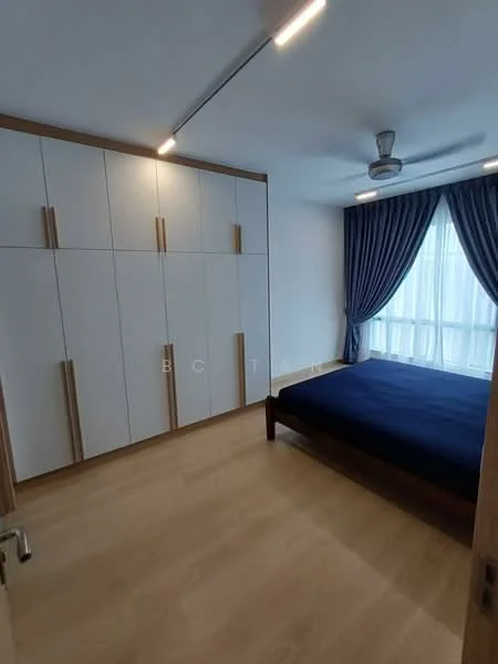Bedroom features: queen-size bed with blue bedding, built-in wardrobe with white panels and wooden handles, floor-to-ceiling windows with sheer curtains, wooden flooring, ceiling fan with light, recessed lighting, decorative wall, neutral wall color; style: modern.