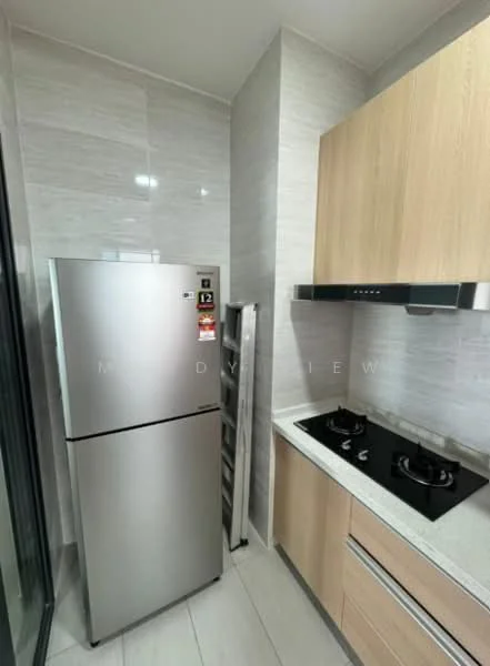 Kitchen features: stainless-steel fridge, 2-burner gas hob, built-in oven, light wood cabinetry, white countertop, grey tile backsplash, ceramic tile flooring, sliding glass door, recessed downlights; style: modern.
