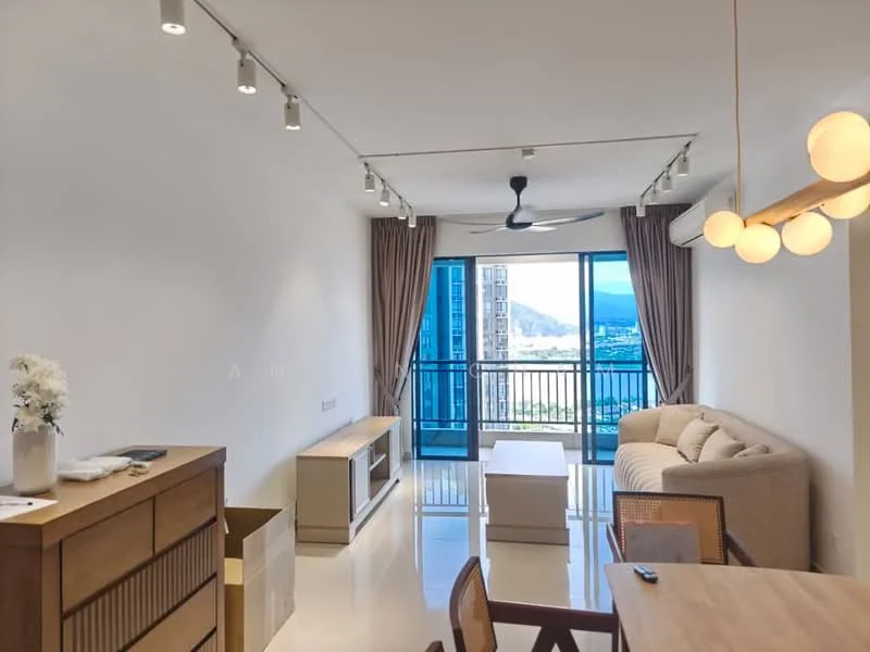 Living features: cream painted walls, polished tile flooring, 5-blade ceiling fan with light, floor-to-ceiling windows, sliding glass door, sheer curtains, light wood dining table, upholstered sofa in beige, coffee table, TV console, decorative vase with flowers; style: modern; view: city.