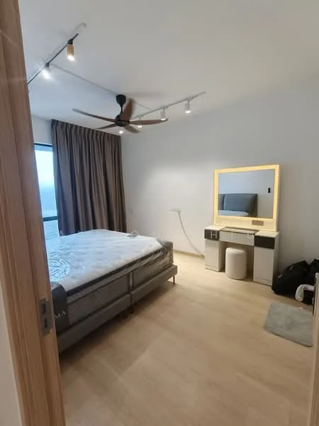 Bedroom features: queen-size bed, upholstered headboard, wooden flooring, floor-to-ceiling window, curtains, 5-blade ceiling fan, wall-mounted mirror, dressing table with lighted frame, white stool, decorative wall, light fixtures on ceiling; style: modern; view: city.