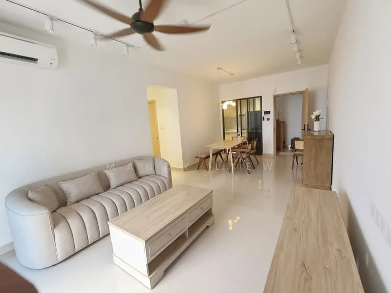 Living features: 3-seater fabric sofa in light grey, wooden coffee table, TV console, wall-mounted air conditioning unit, recessed LED downlights, ceiling fan with light, white painted walls, glossy tile flooring, dining area visible in background, large window for natural light; style: modern.