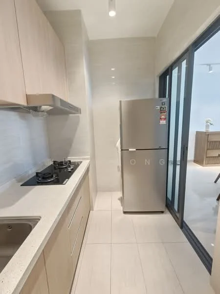 Kitchen features: light wood cabinetry, white quartz countertop, stainless-steel single-bowl sink, chrome pull-down faucet, 4-burner gas hob, stainless-steel range hood, stainless-steel fridge, ceramic tile flooring, white tiled backsplash, recessed downlights, sliding glass door, open layout; style: modern.