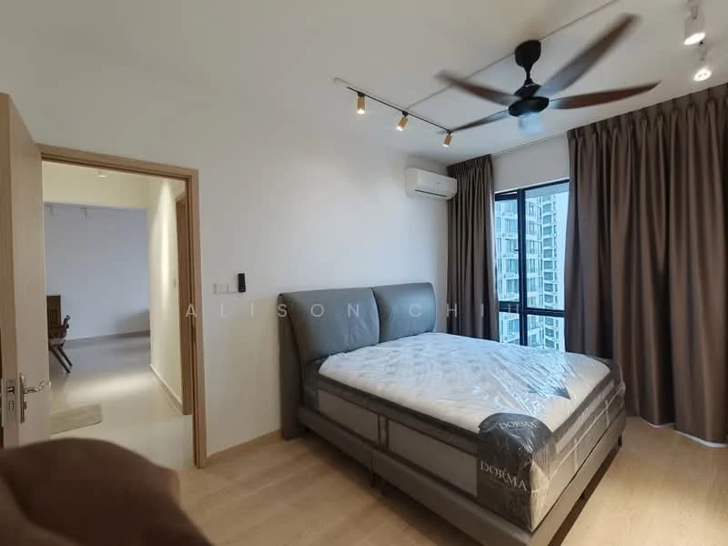 Bedroom features: king-size bed, upholstered headboard, 2 bedside lamps, floor-to-ceiling windows, curtains in brown, wooden flooring, 5-blade ceiling fan, wall-mounted split AC; style: modern; view: city.
