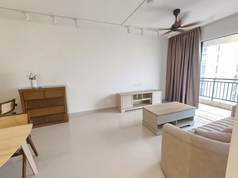 Living features: light-colored tiled flooring, white painted walls, ceiling fan, sofa in light beige, wooden coffee table, TV console, sideboard with wooden finish, floor-to-ceiling windows, curtains in light brown, dining table with wooden chairs; style: modern; view: city.