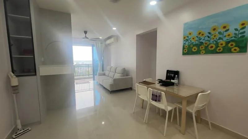 Living features: light grey fabric sofa, white dining table, 4 white dining chairs, floor-to-ceiling windows, sliding glass door, cream painted walls, glossy tile flooring, ceiling fan, wall-mounted air conditioning unit, decorative painting with sunflowers, open shelving unit, natural light from balcony; style: modern; view: city.