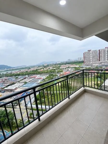 Balcony features: ceramic tile flooring, black metal railing, overhead recessed lighting, city view, mountain view, greenery view; style: modern; view: city.