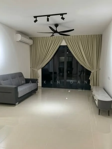 Living features: grey fabric sofa, ceiling fan with light, floor-to-ceiling sliding glass door, curtains in beige, polished ceramic tile flooring, wall-mounted air conditioning unit, TV console, recessed lighting; style: modern.
