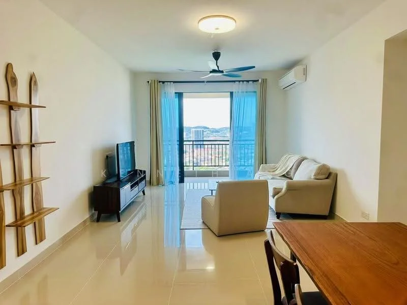 Living features: white painted walls, glossy tile flooring, 5-blade ceiling fan with light, floor-to-ceiling windows, sliding glass door, curtains, TV console, wall-mounted TV, sofa in light fabric, armchair in white fabric, area rug, dining table in wood, wooden shelving unit; style: modern; view: city.