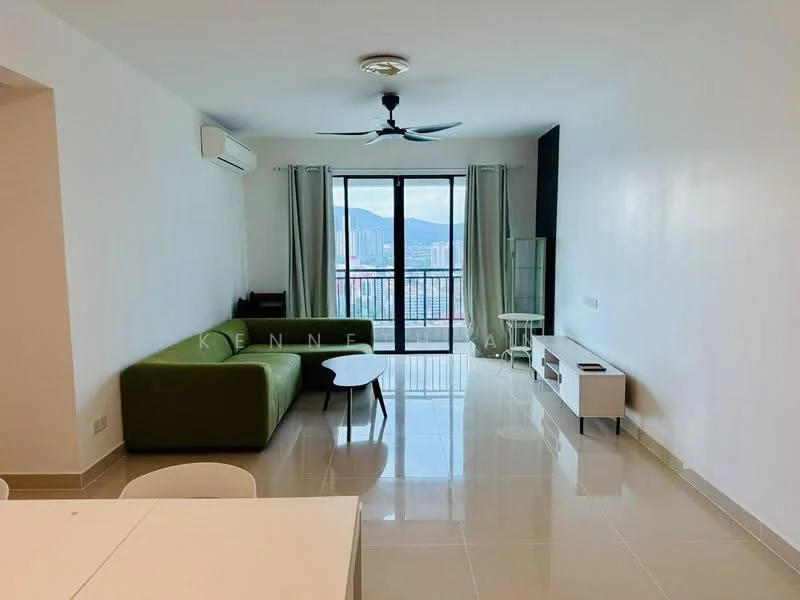 Living features: green fabric sectional sofa, round coffee table, white TV console, floor-to-ceiling windows, city view, white painted walls, polished tile flooring, ceiling fan with light, curtains, air conditioning unit; style: modern; view: city.