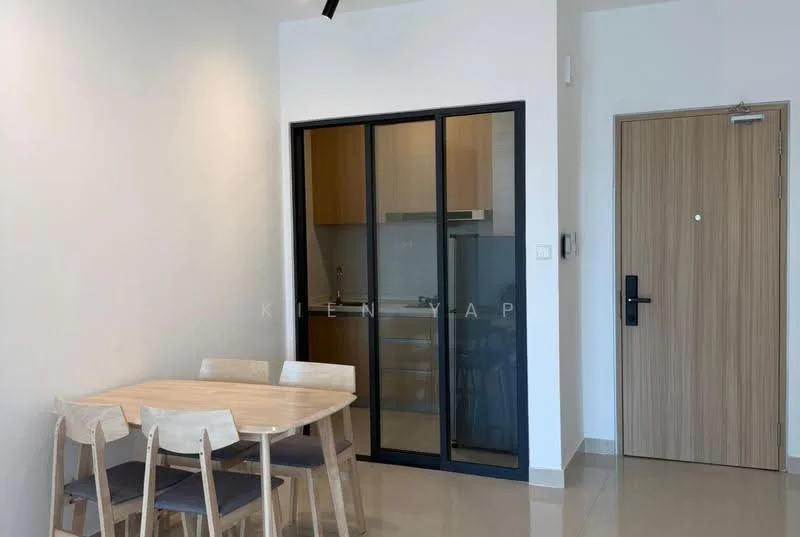 Dining features: 4-seater wooden dining table, light wood dining chairs, cream painted walls, glossy tile flooring, glass sliding door to kitchen, kitchen visible through sliding door, modern light fixture, neutral decor; style: modern. Kitchen features: wood cabinetry, stainless-steel refrigerator, stainless-steel sink, built-in oven, countertop space, glass splashback; style: modern.