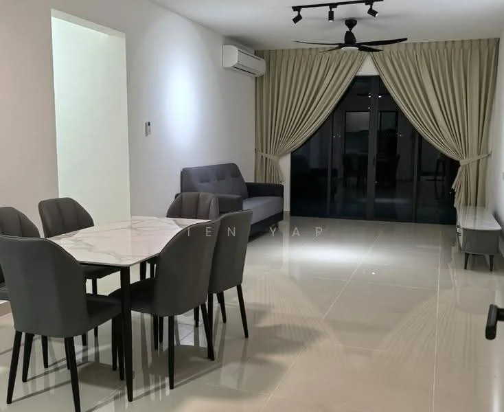 Living features: grey fabric sofa, 4-seater dining table with marble top, 6 dining chairs, floor-to-ceiling sliding glass door, curtains, wall-mounted air conditioning unit, polished tile flooring, ceiling fan with light, TV console, decorative wall art; style: modern.