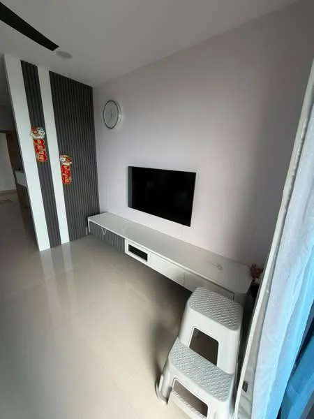 Living features: light grey painted walls, striped accent wall, glossy tile flooring, wall-mounted TV, white TV console, clock on wall, decorative items on console, white step stool, large window with sheer curtains; style: modern.