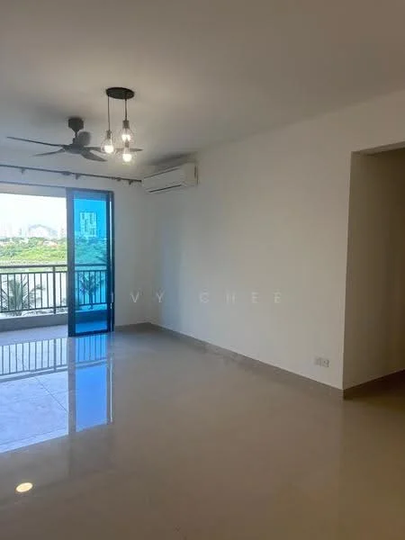 Living features: 5-blade ceiling fan with light, wall-mounted split AC, sliding glass door, floor-to-ceiling windows, cream painted walls, polished tile flooring, balcony view, recessed downlights; style: modern; view: city.