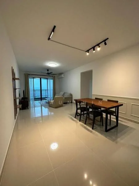 Living features: white painted walls, polished ceramic tile flooring, recessed downlights, 5-blade ceiling fan with light, floor-to-ceiling windows, sliding glass door, curtains, sofa in beige, dining table with 4 chairs, decorative wall paneling; style: modern; view: city.