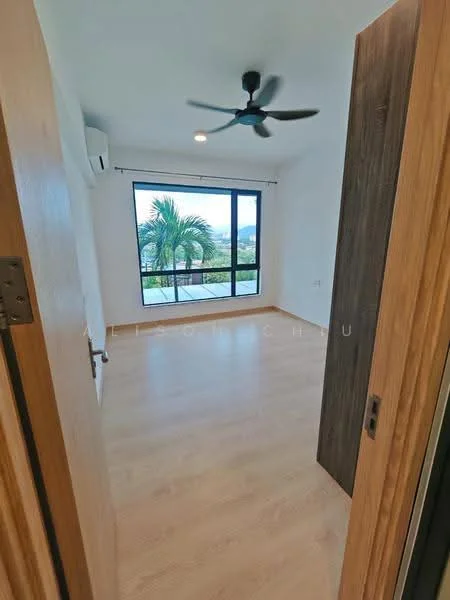 Room features: light wood flooring, white painted walls, ceiling fan, floor-to-ceiling windows, mountain view, wall-mounted split AC, curtain rod, sliding door, natural light; style: modern; view: mountain.