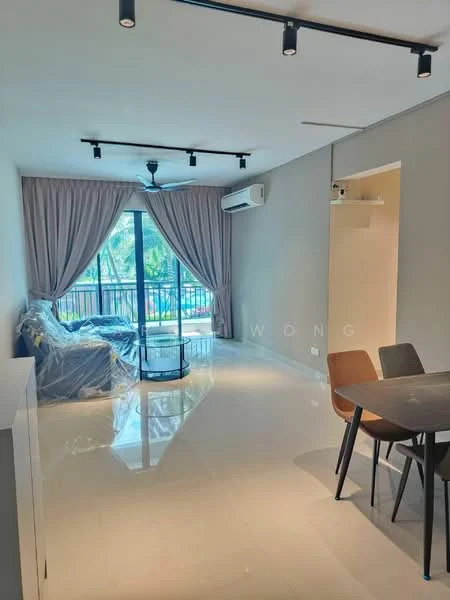Living features: floor-to-ceiling windows, curtains, 5-blade ceiling fan with light, recessed downlights, sofa covered in plastic, coffee table, marble flooring, air conditioning unit, open layout to dining area; style: modern; view: garden. Dining features: 4-seater dining table, wooden dining chairs, open layout to living area; style: modern; view: garden.