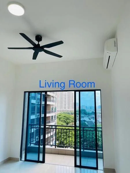Living features: white painted walls, polished tile flooring, 5-blade ceiling fan, wall-mounted split AC, floor-to-ceiling sliding glass door, balcony access, city view; style: modern; view: city.