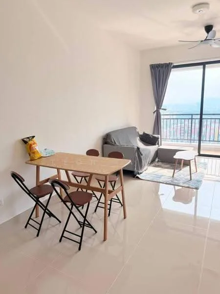 Living features: light grey fabric sofa, wooden coffee table, 4-seater dining table, 4 folding chairs, area rug, floor-to-ceiling windows, curtains, ceiling fan, white painted walls, glossy tile flooring; style: modern; view: city.