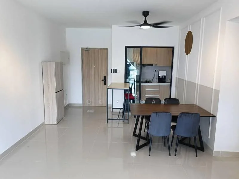 Dining features: dining table with four chairs, ceiling fan, white painted walls, glossy tile flooring, open kitchen layout, fridge, wooden cabinetry, countertop, kitchen appliances visible; style: modern. Room features: white painted walls, glossy tile flooring, doorway to hallway, door to entrance.