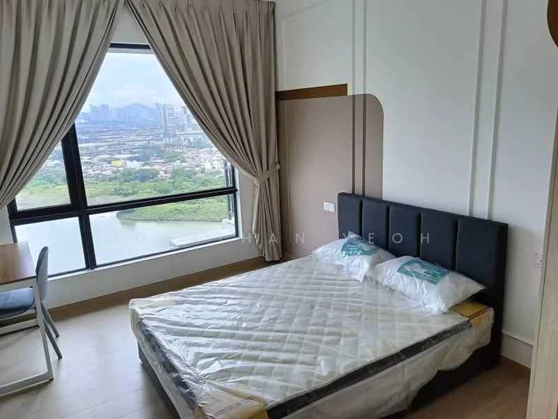 Bedroom features: king-size bed with upholstered headboard, floor-to-ceiling windows, curtains, wooden flooring, study desk, chair, decorative wall paneling, city view; style: modern; view: city.