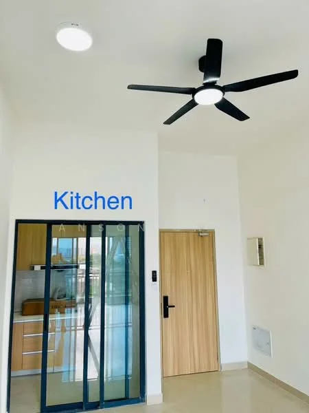 Kitchen features: 5-blade ceiling fan with integrated LED light, glass sliding door, wooden cabinet, countertop, wall-mounted electrical panel, cream painted walls, tile flooring; style: modern.