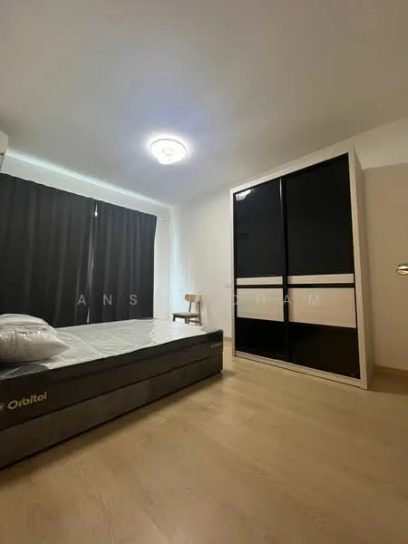 Bedroom features: queen-size bed with mattress, blackout curtains, light wood flooring, built-in wardrobe with sliding doors, ceiling light fixture, wooden chair, neutral wall color; style: modern.