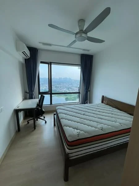 Bedroom features: king-size bed, upholstered headboard, floor-to-ceiling windows, city view, 5-blade ceiling fan, wall-mounted split AC, wooden flooring, curtains, study desk, office chair; style: modern; view: city.