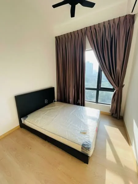 Bedroom features: queen-size bed, wooden bed frame, floor-to-ceiling window, brown curtains, light-colored walls, laminate flooring, ceiling fan, natural light from window; style: modern; view: city.