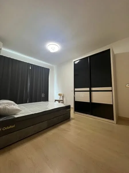 Bedroom features: queen-size bed, black wardrobe with sliding doors, wooden chair, light-colored wooden flooring, recessed ceiling light, black curtains, white walls; style: modern.