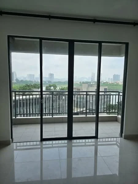 Room features: floor-to-ceiling sliding glass doors, balcony with railing, white walls, grey tiled flooring, city skyline view, natural light from large windows; style: modern; view: city.