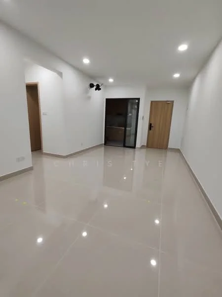 Room features: white painted walls, glossy ceramic tile flooring, recessed downlights, glass door, wooden door, neutral color scheme, no visible furniture, open layout; style: modern.