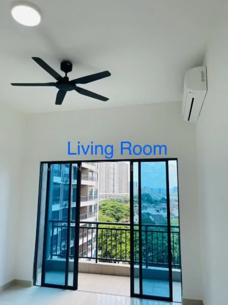 Living features: white painted walls, ceiling fan, floor-to-ceiling sliding glass doors, balcony access, air conditioning unit, tile flooring, natural light from windows, view of city skyline; style: modern; view: city.