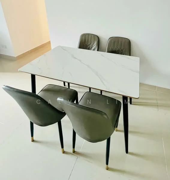 Dining features: marble dining table, 4 dining chairs, grey upholstered chairs, gold accents on chair legs, light-coloured tiled flooring, plain white walls, minimalist design; style: modern.