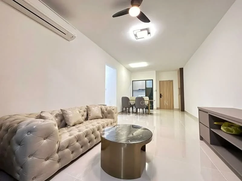 Living features: 3-seater tufted fabric sofa in beige, round coffee table with metallic finish, wall-mounted air conditioning unit, recessed ceiling lights, glossy tile flooring, neutral painted walls, TV console with storage, dining area visible in background; style: modern.