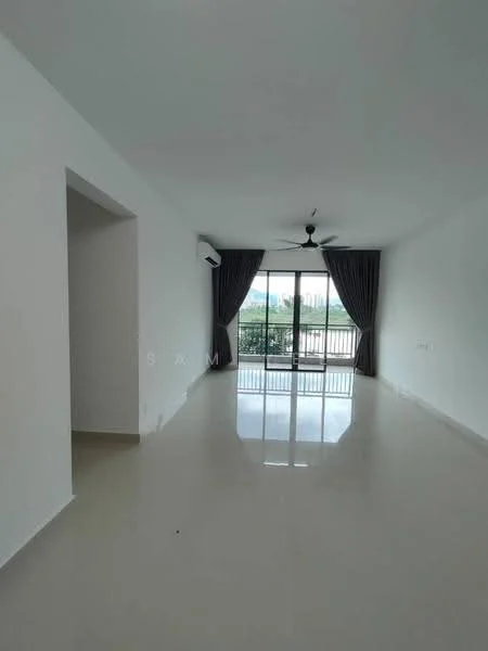 Living features: white painted walls, polished ceramic tile flooring, 5-blade ceiling fan, floor-to-ceiling windows, sliding glass door, dark grey curtains, air conditioning unit, balcony access; style: modern; view: garden.