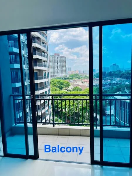 Room features: floor-to-ceiling sliding glass doors, balcony with metal railing, tile flooring, city view, greenery view; style: modern; view: city.