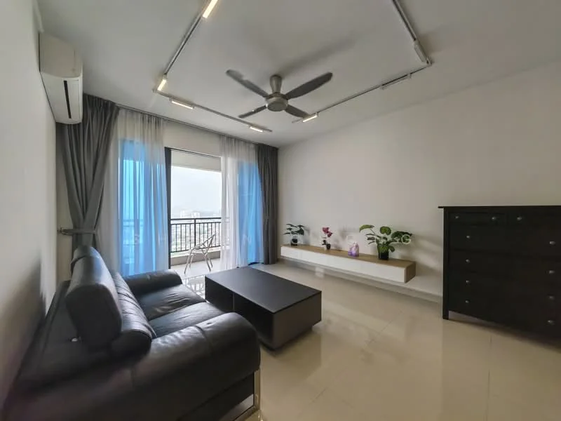 Living features: 3-seater leather sofa in black, coffee table, wall-mounted TV console, floor-to-ceiling windows, sheer curtains, blackout curtains, ceiling fan with integrated LED light, decorative plants in ceramic pots, glossy tile flooring, air conditioning unit; style: modern; view: city.