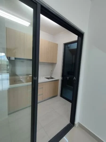 Kitchen features: light wood cabinetry, stainless-steel sink, chrome faucet, white countertop, ceramic tile flooring, recessed lighting, sliding glass door, wall-mounted range hood; style: modern.