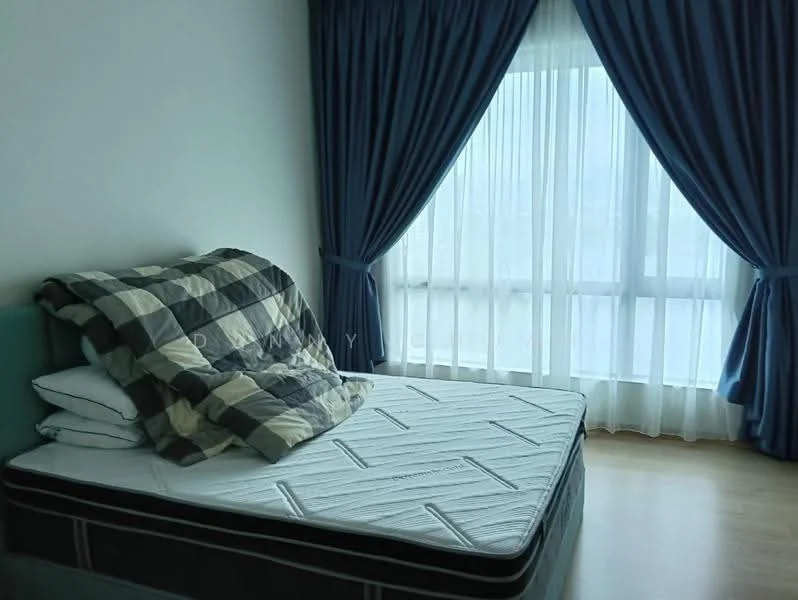 Bedroom features: queen-size bed, plaid comforter, two white pillows, floor-to-ceiling windows, sheer curtains, blue drapes, wooden flooring, light-colored walls; style: modern.