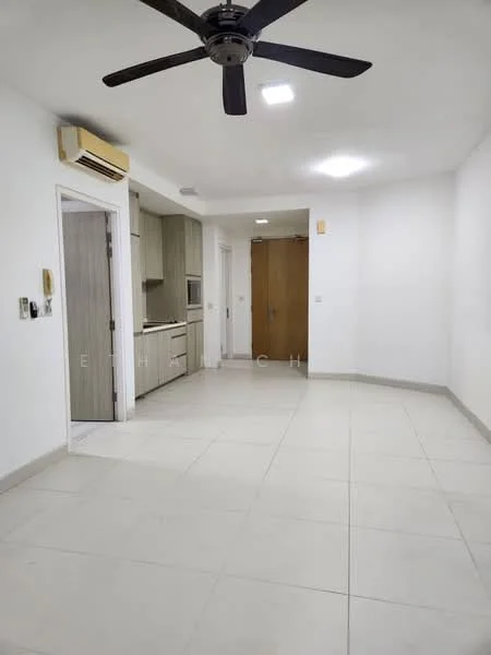 Living features: white painted walls, tile flooring, 5-blade ceiling fan, wall-mounted air conditioning unit, built-in kitchen cabinetry, microwave, oven, door leading to hallway, door leading to exterior, recessed ceiling lights; style: modern.