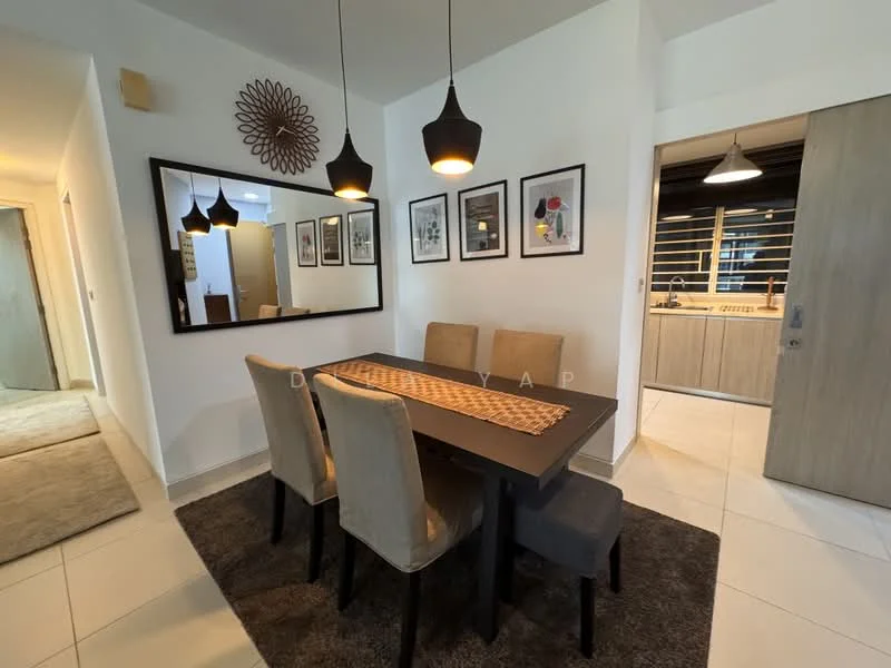 Dining features: 6-seater dining table, upholstered dining chairs, pendant lamps, decorative mirror, framed artwork on walls, area rug, white painted walls, tile flooring; style: modern.