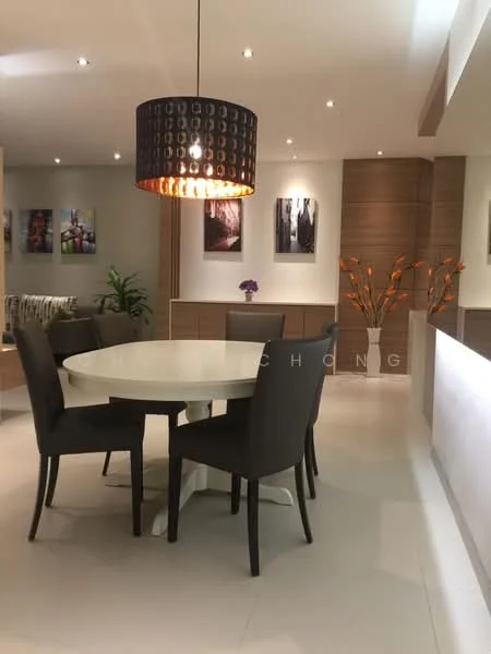 Dining features: round dining table, upholstered dining chairs in dark grey, chandelier with circular design, white tablecloth, decorative vase with flowers, framed artwork on walls, wood cabinetry, neutral wall color, recessed downlights, flooring with light-colored tiles; style: modern.