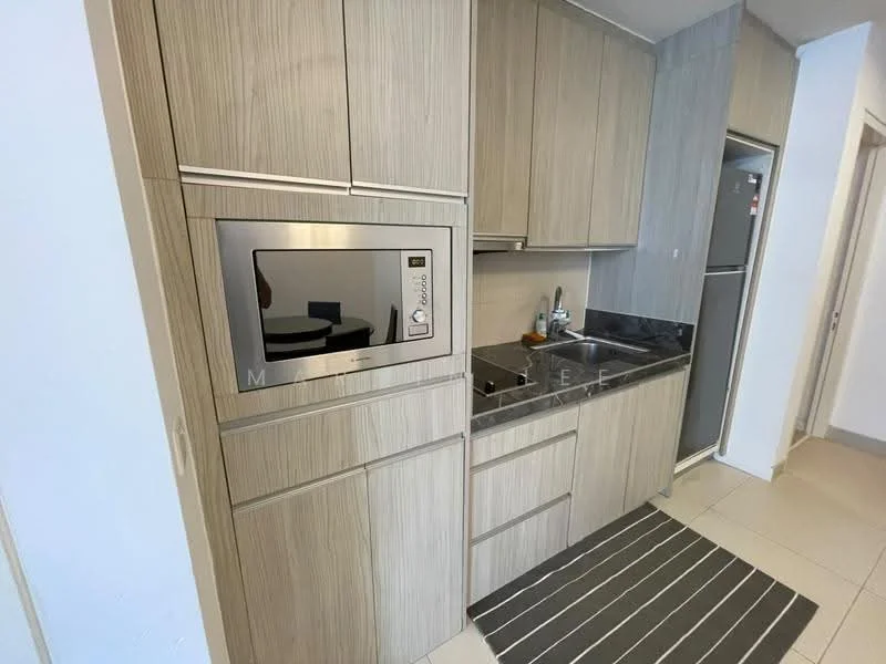 Kitchen features: light wood cabinetry, black countertop, built-in microwave, stainless-steel fridge, single-bowl stainless-steel sink, chrome pull-down faucet, ceramic tile flooring, wall-mounted cabinets, kitchen rug; style: modern.