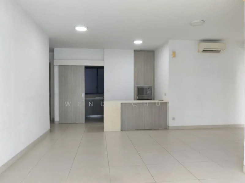 Living features: white painted walls, tile flooring, recessed downlights, wall-mounted split AC, open layout, kitchenette with cabinetry, neutral color scheme, large window for natural light; style: modern. Kitchen features: light wood cabinetry, countertop, built-in microwave, open layout to living area; style: modern.