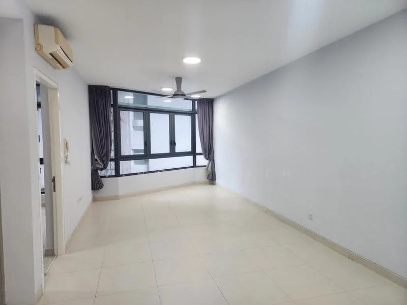 Living features: light grey painted walls, cream tiled flooring, 5-blade ceiling fan with light, floor-to-ceiling windows, sheer curtains, air conditioning unit, recessed downlights; style: modern.