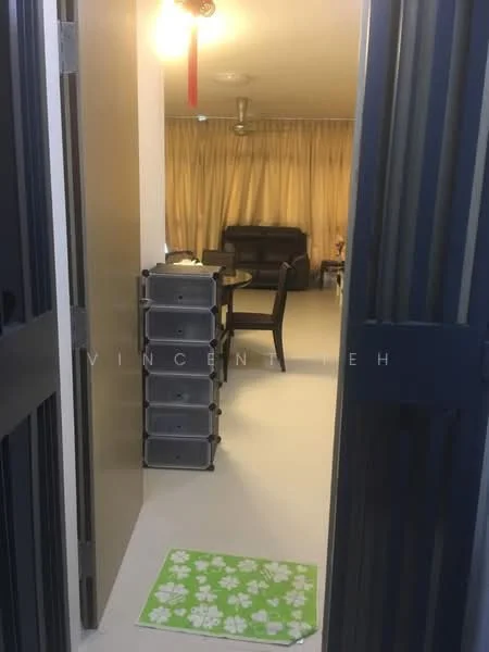 Room features: white walls, light-colored flooring, ceiling fan, dining table with chairs, sofa, curtains, storage drawers, decorative mat; style: modern.