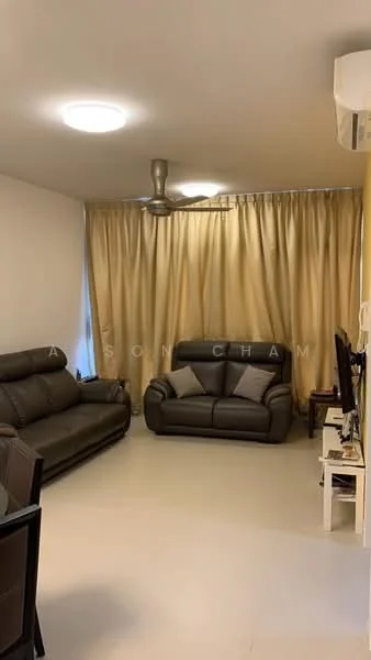 Living features: 2-seater leather sofa in dark brown, 3-seater leather sofa in dark brown, cream painted walls, light-colored flooring, ceiling fan, recessed ceiling lights, floor-to-ceiling curtains in beige, TV console, wall-mounted TV; style: modern.