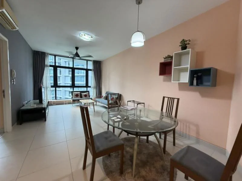 Living features: grey accent wall, peach painted wall, floor-to-ceiling windows, 5-blade ceiling fan with light, pendant lamp, glass dining table, 4 wooden dining chairs, area rug, sofa, TV console, decorative shelving unit; style: modern; view: city.