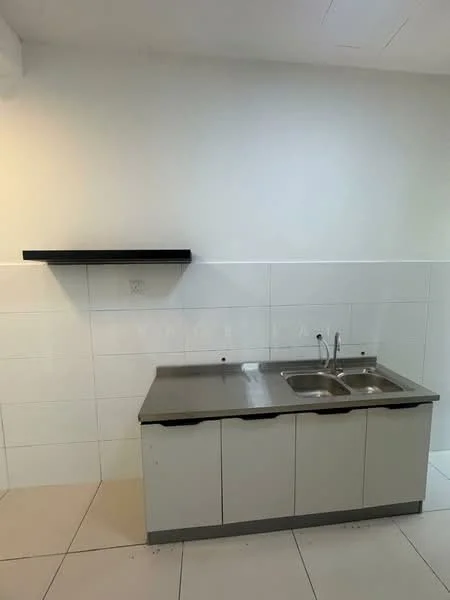 Kitchen features: stainless-steel double-bowl sink, chrome pull-down faucet, grey cabinetry with flat-panel doors, white tiled backsplash, white tiled walls, light-colored floor tiles, black floating shelf, under-cabinet lighting; style: modern.