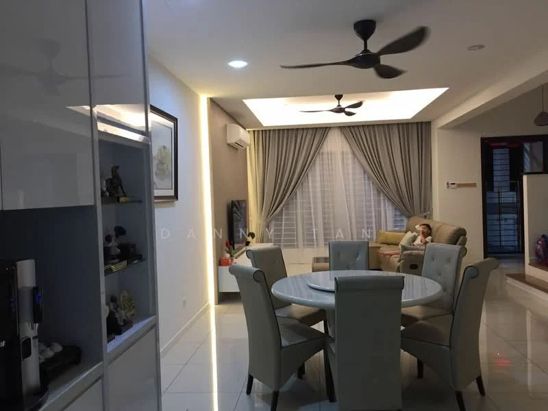 Dining features: round dining table, upholstered dining chairs, 5-blade ceiling fan with light, white painted walls, grey accent wall, floor-to-ceiling windows with sheer curtains, recessed LED downlights, marble flooring, decorative wall art, sofa in beige, curtains in light grey; style: modern.